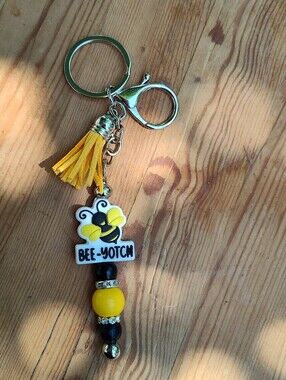 Bee-Yotch Keychain with Yellow and Black Beads & Bee Charm